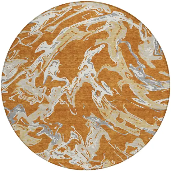 8' Copper Gray And Ivory Round Abstract Washable Indoor Outdoor Area Rug Photo 2