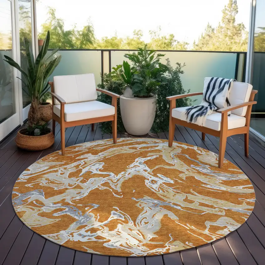 8' Copper Gray And Ivory Round Abstract Washable Indoor Outdoor Area Rug Photo 7