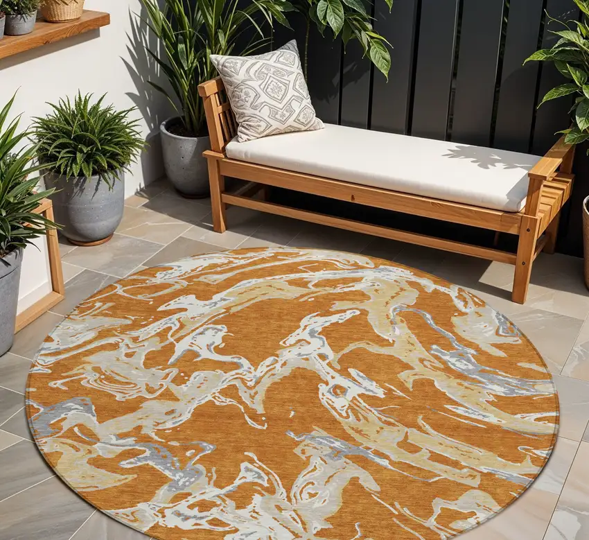 8' Copper Gray And Ivory Round Abstract Washable Indoor Outdoor Area Rug Photo 1