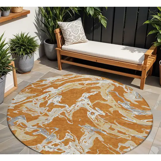 8' Copper Gray And Ivory Round Abstract Washable Indoor Outdoor Area Rug Photo 1