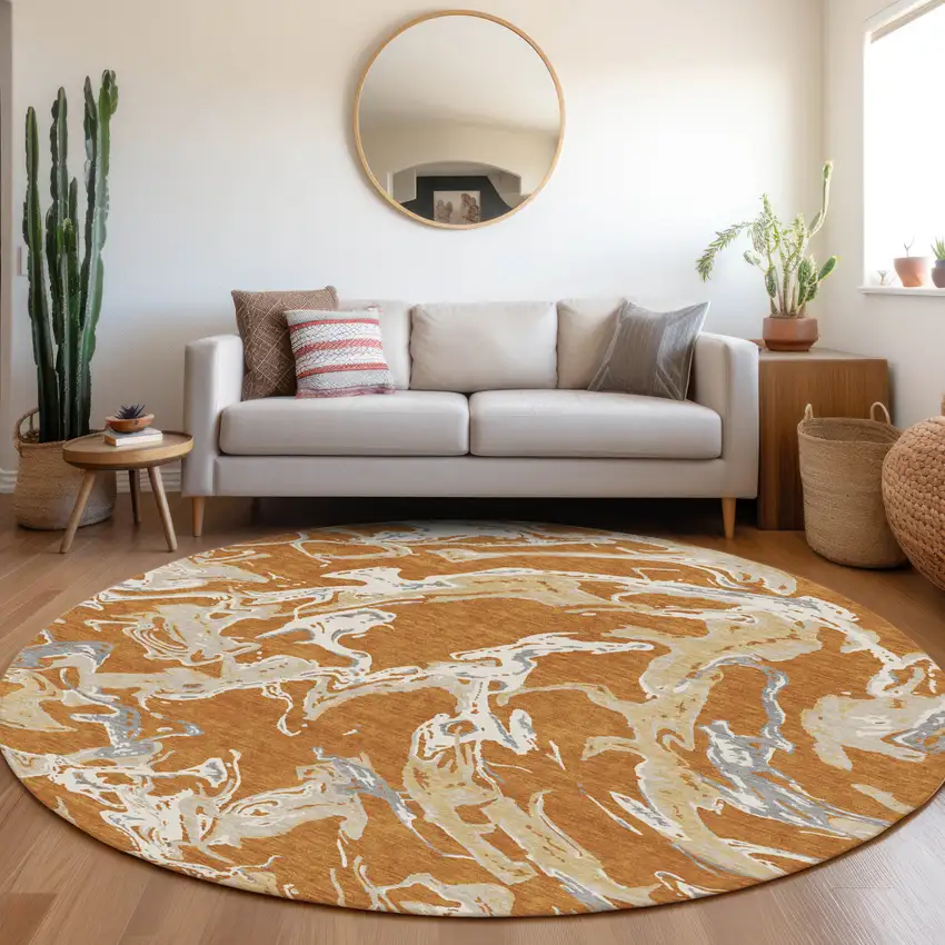8' Copper Gray And Ivory Round Abstract Washable Indoor Outdoor Area Rug Photo 8