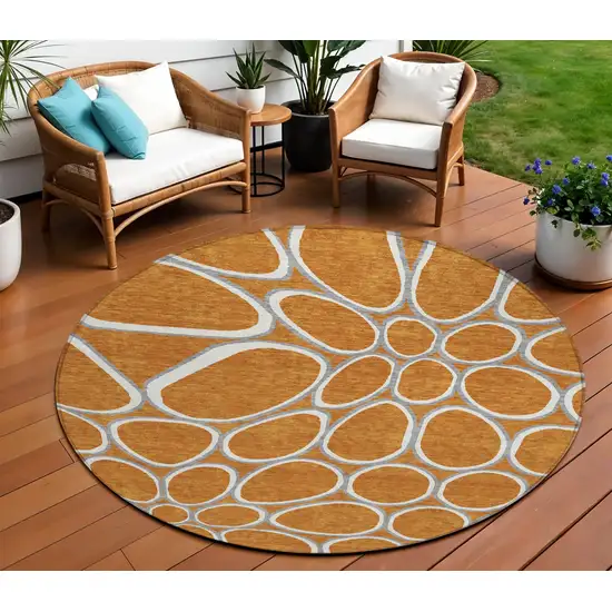 8' Copper Gray And Ivory Round Abstract Washable Indoor Outdoor Area Rug Photo 1