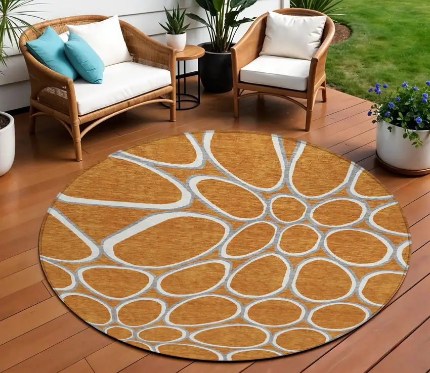 8' Copper Gray And Ivory Round Abstract Washable Indoor Outdoor Area Rug Photo 1
