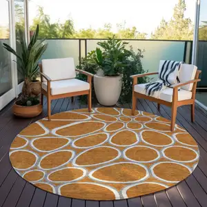 Photo of 8' Copper Gray And Ivory Round Abstract Washable Indoor Outdoor Area Rug