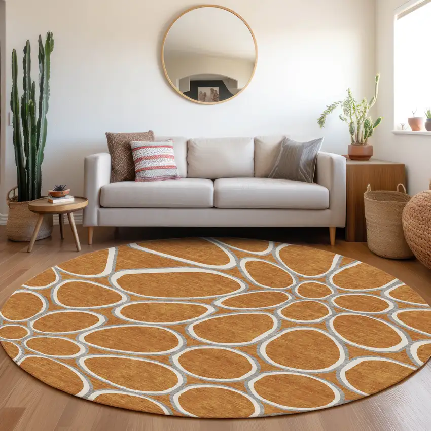 8' Copper Gray And Ivory Round Abstract Washable Indoor Outdoor Area Rug Photo 9