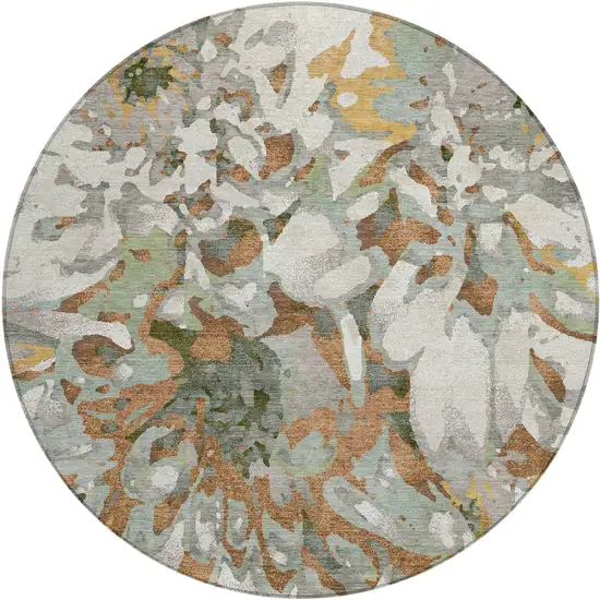 8' Copper Gray And Ivory Round Floral Washable Indoor Outdoor Area Rug Photo 2