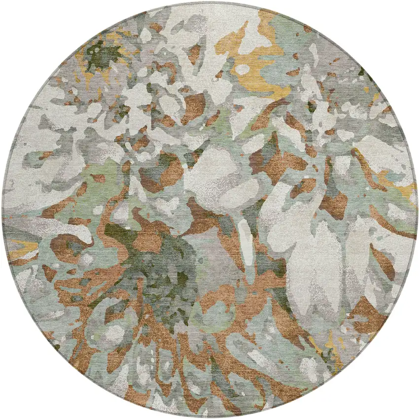 8' Copper Gray And Ivory Round Floral Washable Indoor Outdoor Area Rug Photo 2