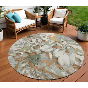 Photo of 8' Copper Gray And Ivory Round Floral Washable Indoor Outdoor Area Rug