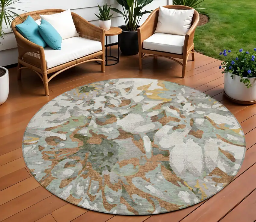 8' Copper Gray And Ivory Round Floral Washable Indoor Outdoor Area Rug Photo 1