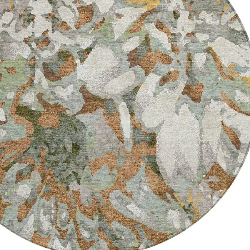 8' Copper Gray And Ivory Round Floral Washable Indoor Outdoor Area Rug Photo 7