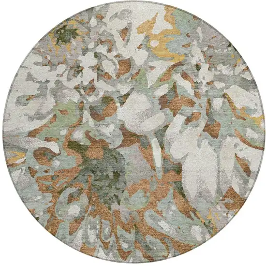 8' Copper Gray And Ivory Round Floral Washable Indoor Outdoor Area Rug Photo 4