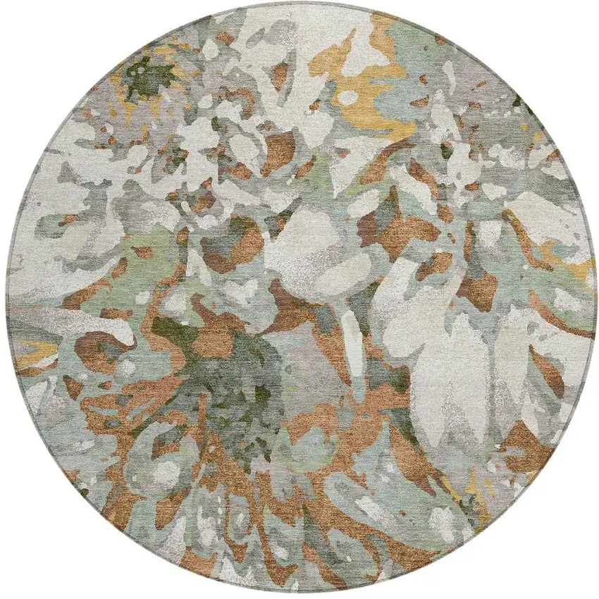 8' Copper Gray And Ivory Round Floral Washable Indoor Outdoor Area Rug Photo 4
