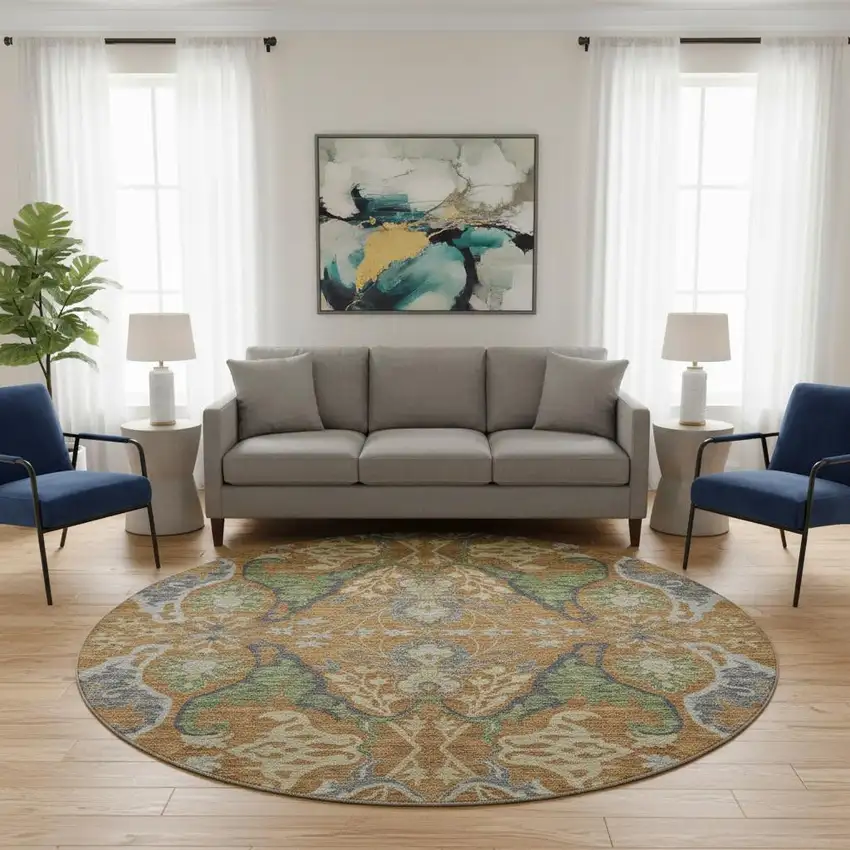 8' Copper Gray And Olive Green Floral Washable Round Rug With UV Protection Photo 2