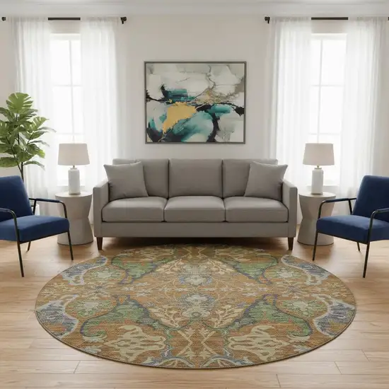 8' Copper Gray And Olive Green Floral Washable Round Rug With UV Protection Photo 2