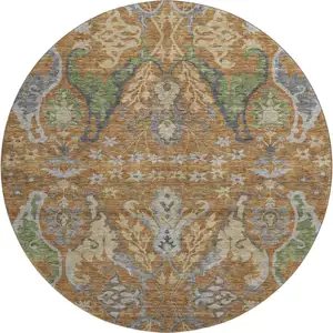 Photo of 8' Copper Gray And Olive Green Floral Washable Round Rug With UV Protection