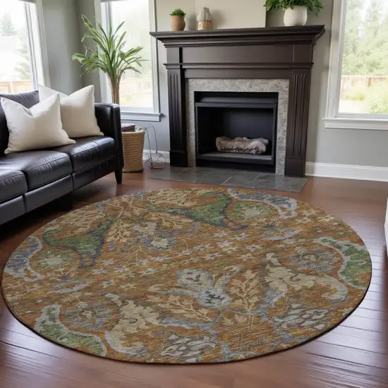 8' Copper Gray And Olive Green Floral Washable Round Rug With UV Protection Photo 4