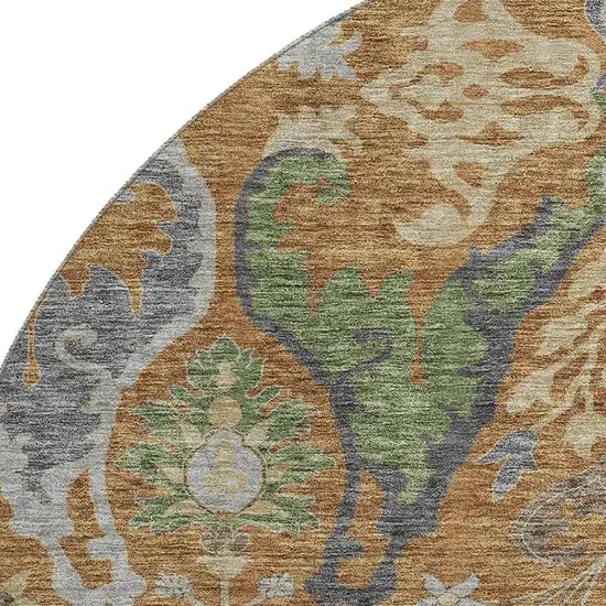 8' Copper Gray And Olive Green Floral Washable Round Rug With UV Protection Photo 2