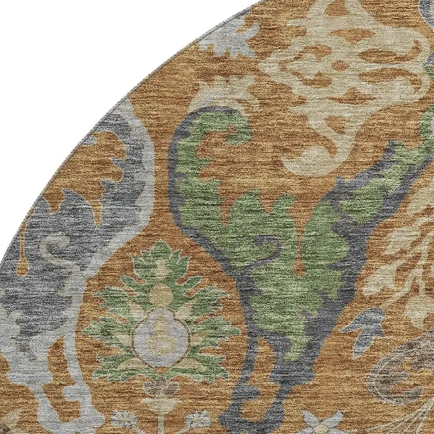 8' Copper Gray And Olive Green Floral Washable Round Rug With UV Protection Photo 2