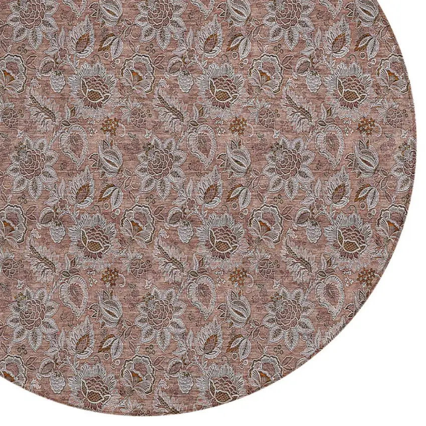 8' Copper Gray And Silver Round Floral Washable Indoor Outdoor Area Rug Photo 4
