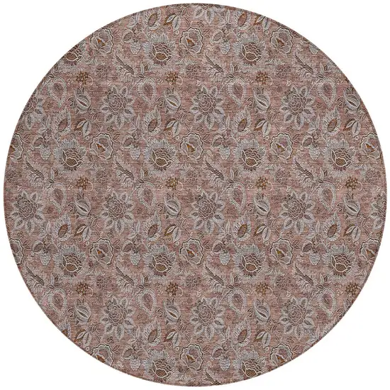 8' Copper Gray And Silver Round Floral Washable Indoor Outdoor Area Rug Photo 5