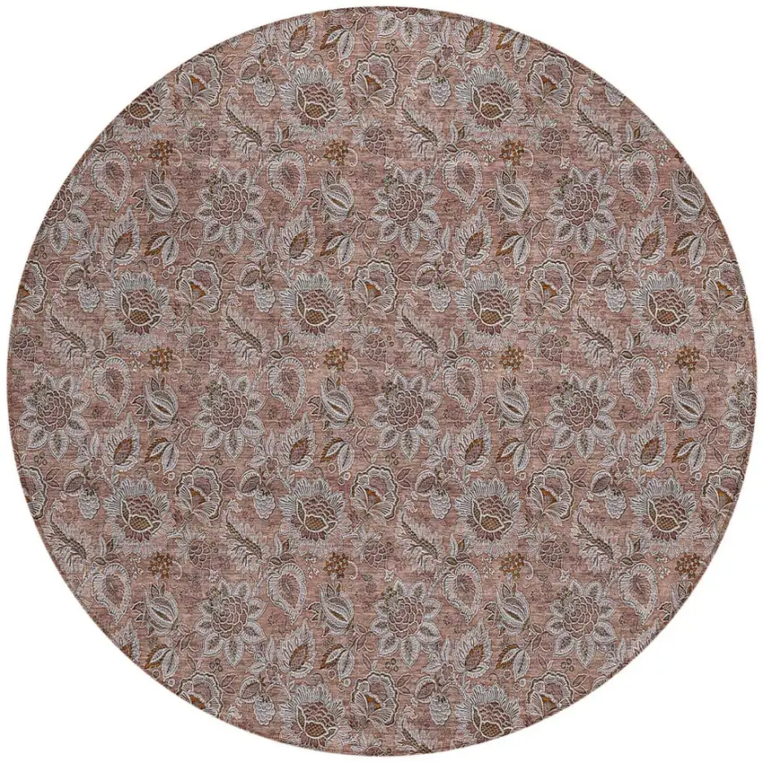 8' Copper Gray And Silver Round Floral Washable Indoor Outdoor Area Rug Photo 5