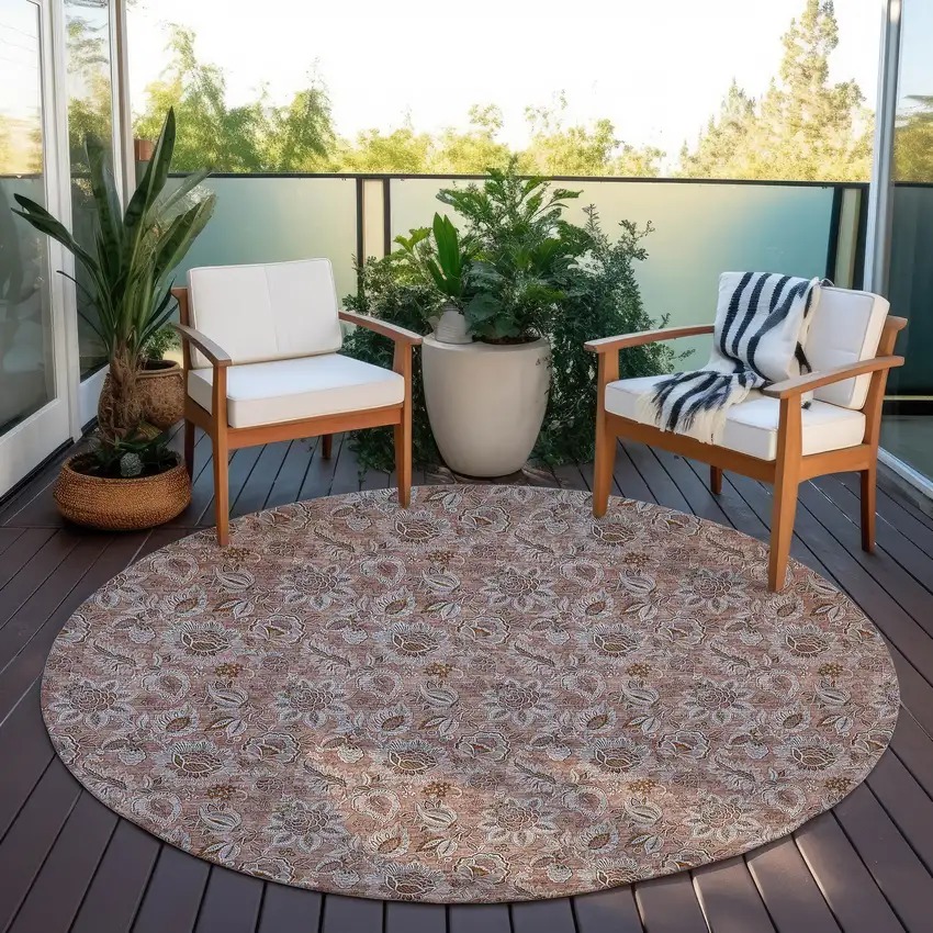 8' Copper Gray And Silver Round Floral Washable Indoor Outdoor Area Rug Photo 6