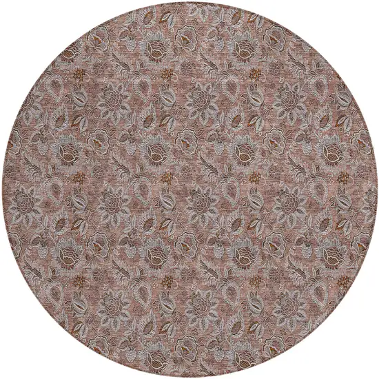 8' Copper Gray And Silver Round Floral Washable Indoor Outdoor Area Rug Photo 2