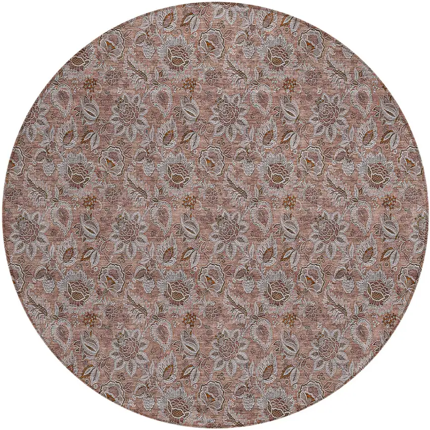 8' Copper Gray And Silver Round Floral Washable Indoor Outdoor Area Rug Photo 2
