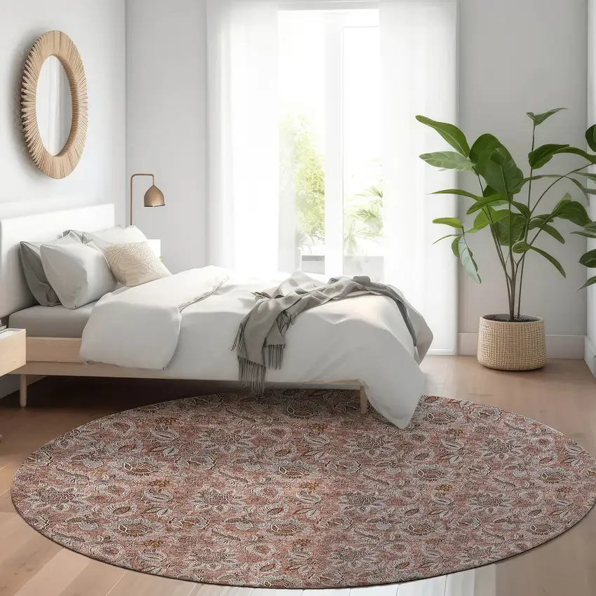 8' Copper Gray And Silver Round Floral Washable Indoor Outdoor Area Rug Photo 7