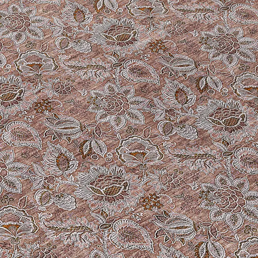 8' Copper Gray And Silver Round Floral Washable Indoor Outdoor Area Rug Photo 8