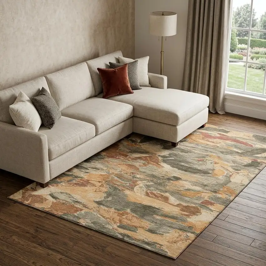 8' Copper Gray And Taupe Abstract Washable Area Rug With UV Protection Photo 1