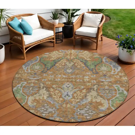 8' Copper Green And Beige Round Floral Washable Indoor Outdoor Area Rug Photo 1