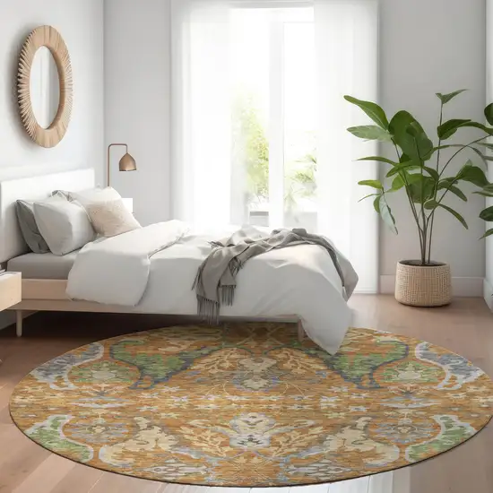 8' Copper Green And Beige Round Floral Washable Indoor Outdoor Area Rug Photo 9