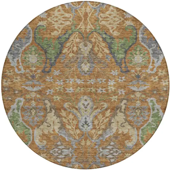 8' Copper Green And Beige Round Floral Washable Indoor Outdoor Area Rug Photo 2