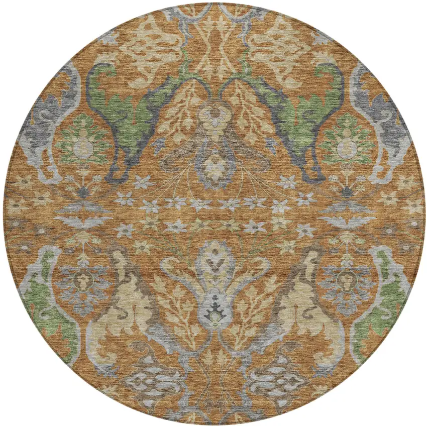 8' Copper Green And Beige Round Floral Washable Indoor Outdoor Area Rug Photo 2