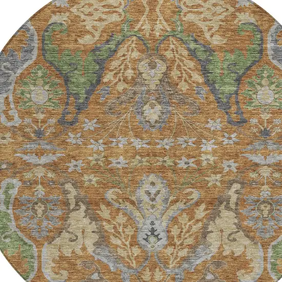 8' Copper Green And Beige Round Floral Washable Indoor Outdoor Area Rug Photo 6