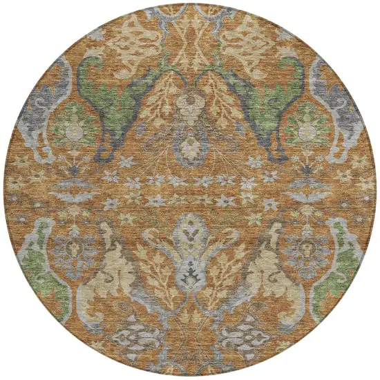 8' Copper Green And Beige Round Floral Washable Indoor Outdoor Area Rug Photo 7