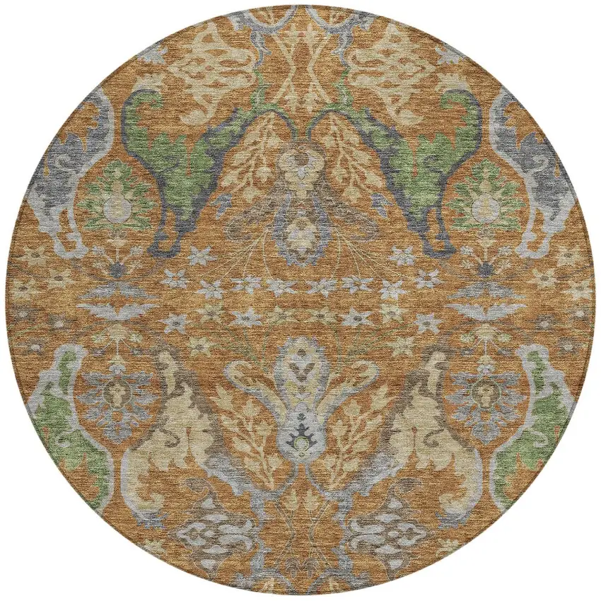 8' Copper Green And Beige Round Floral Washable Indoor Outdoor Area Rug Photo 7