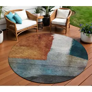 Photo of 8' Copper Green And Gray Round Abstract Washable Indoor Outdoor Area Rug