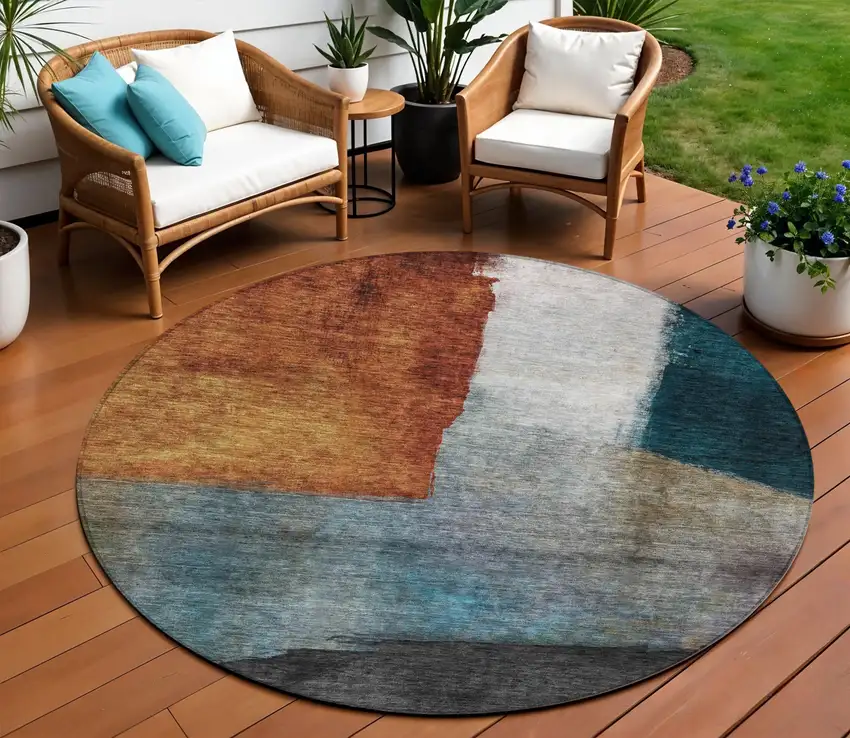 8' Copper Green And Gray Round Abstract Washable Indoor Outdoor Area Rug Photo 1