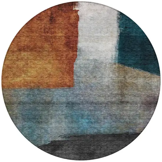8' Copper Green And Gray Round Abstract Washable Indoor Outdoor Area Rug Photo 6