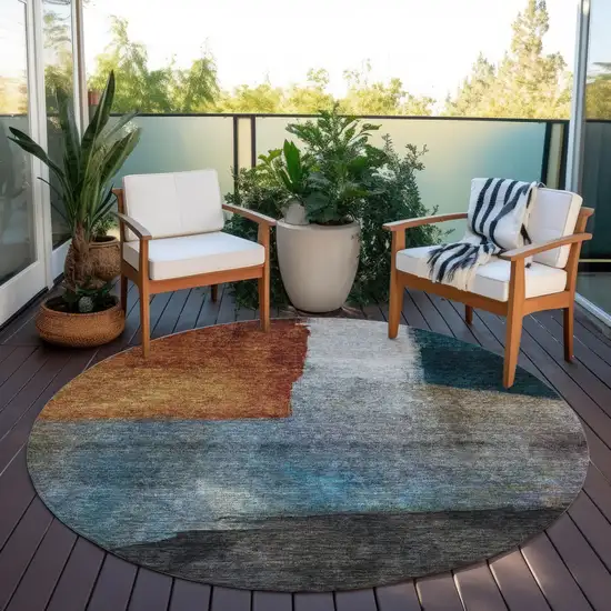 8' Copper Green And Gray Round Abstract Washable Indoor Outdoor Area Rug Photo 7