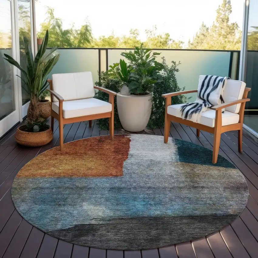 8' Copper Green And Gray Round Abstract Washable Indoor Outdoor Area Rug Photo 7