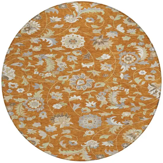8' Copper Green And Gray Round Floral Washable Indoor Outdoor Area Rug Photo 6