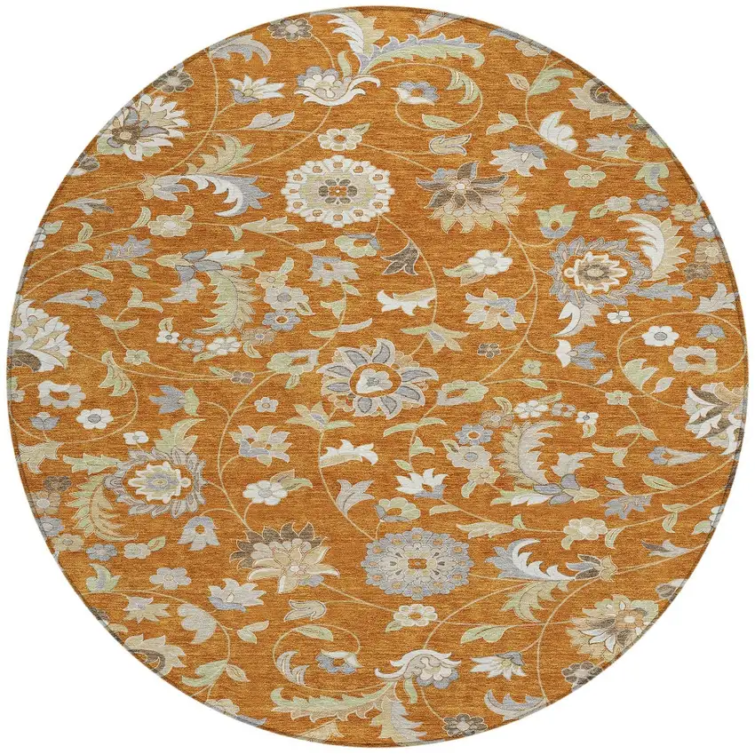 8' Copper Green And Gray Round Floral Washable Indoor Outdoor Area Rug Photo 6