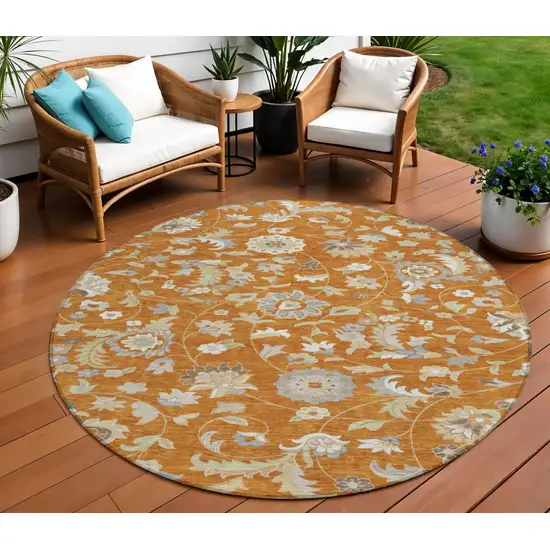 8' Copper Green And Gray Round Floral Washable Indoor Outdoor Area Rug Photo 1