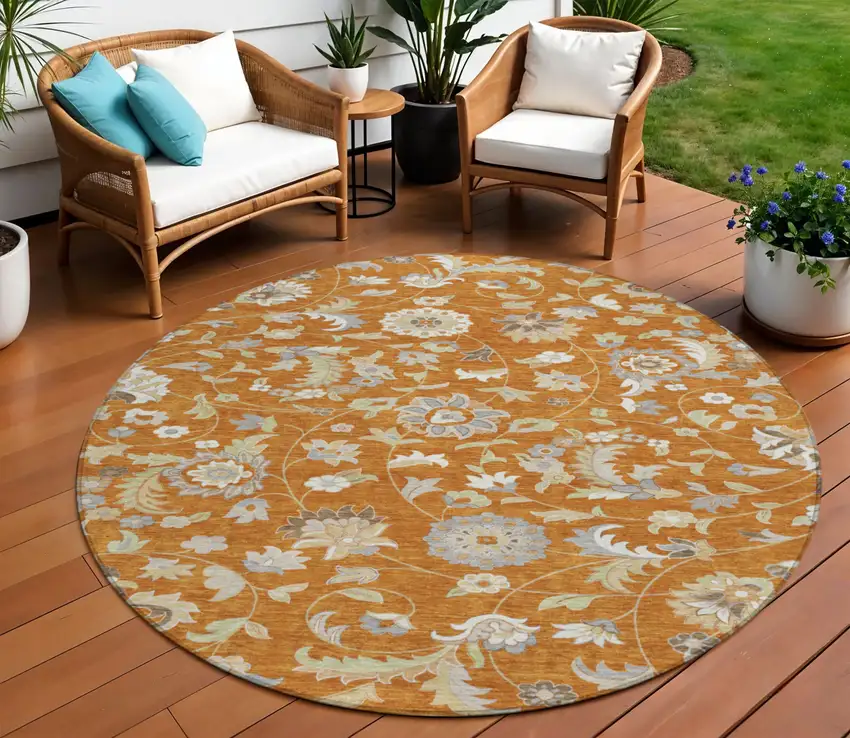 8' Copper Green And Gray Round Floral Washable Indoor Outdoor Area Rug Photo 1