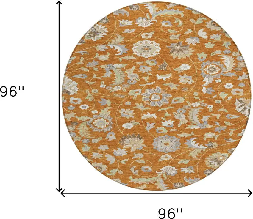 8' Copper Green And Gray Round Floral Washable Indoor Outdoor Area Rug Photo 3