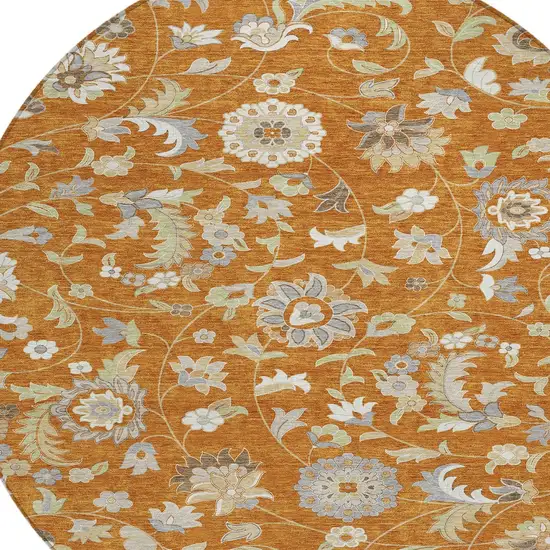 8' Copper Green And Gray Round Floral Washable Indoor Outdoor Area Rug Photo 5