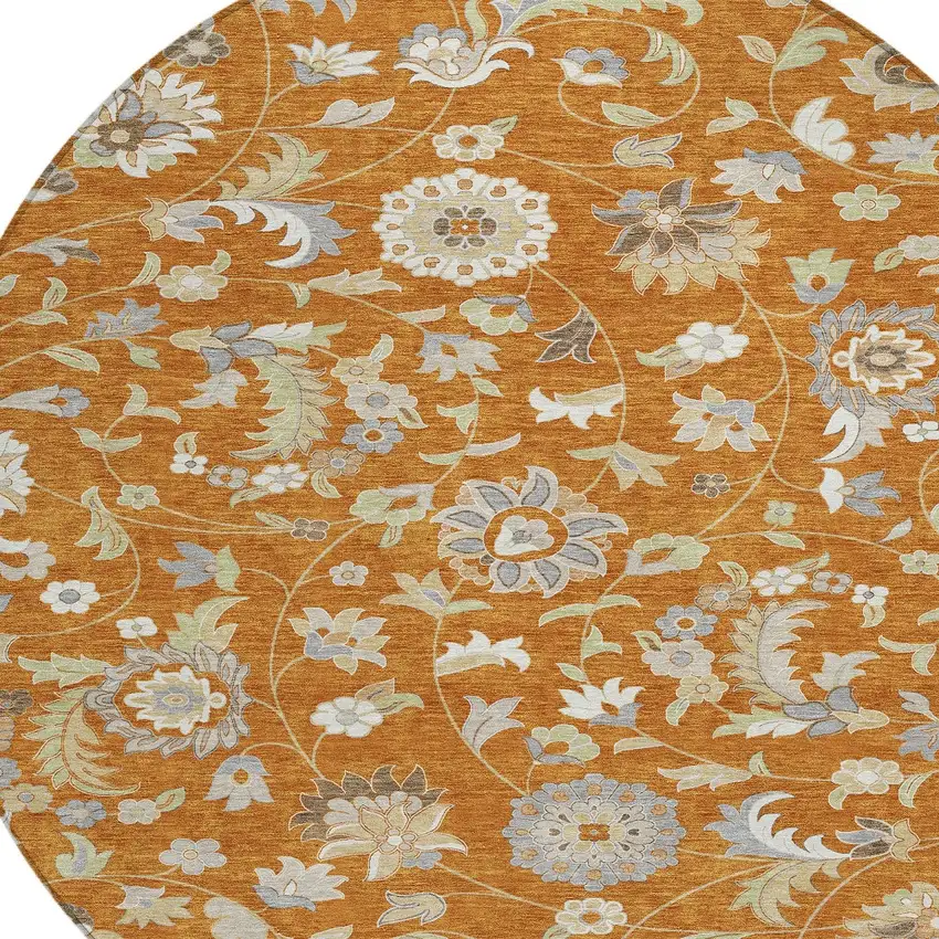 8' Copper Green And Gray Round Floral Washable Indoor Outdoor Area Rug Photo 5